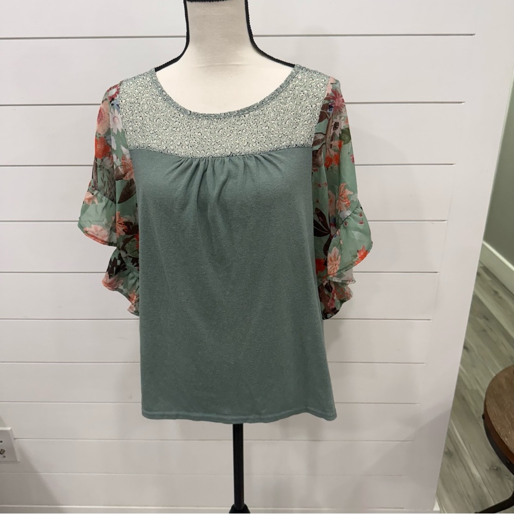 Umgee Teal and Floral Blouse with Sparkle Yoke